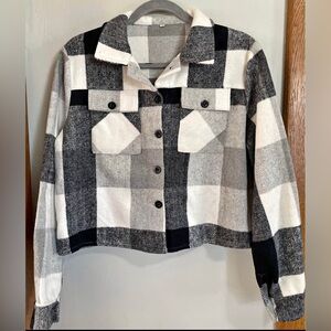 Black and White Flannel Buffalo Plaid Cropped Shacket